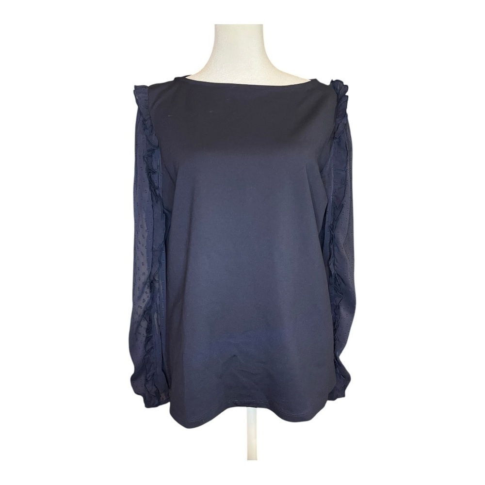 Ann Taylor Large Navy Blouse with Semi-Sheer Ruffle Sleeves Size Large